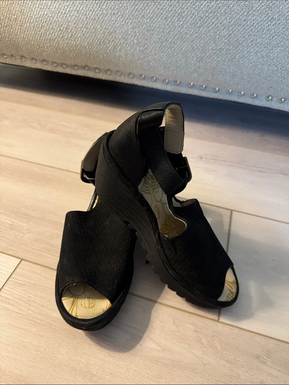 Fly London Black Peep-Toe Ankle Strap Wedge Sandals - Picture 2 of 2